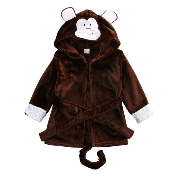 Girls Boys Bathrobe Kids Animal Brown Monkey Dressing Gown Fleece Nightwear